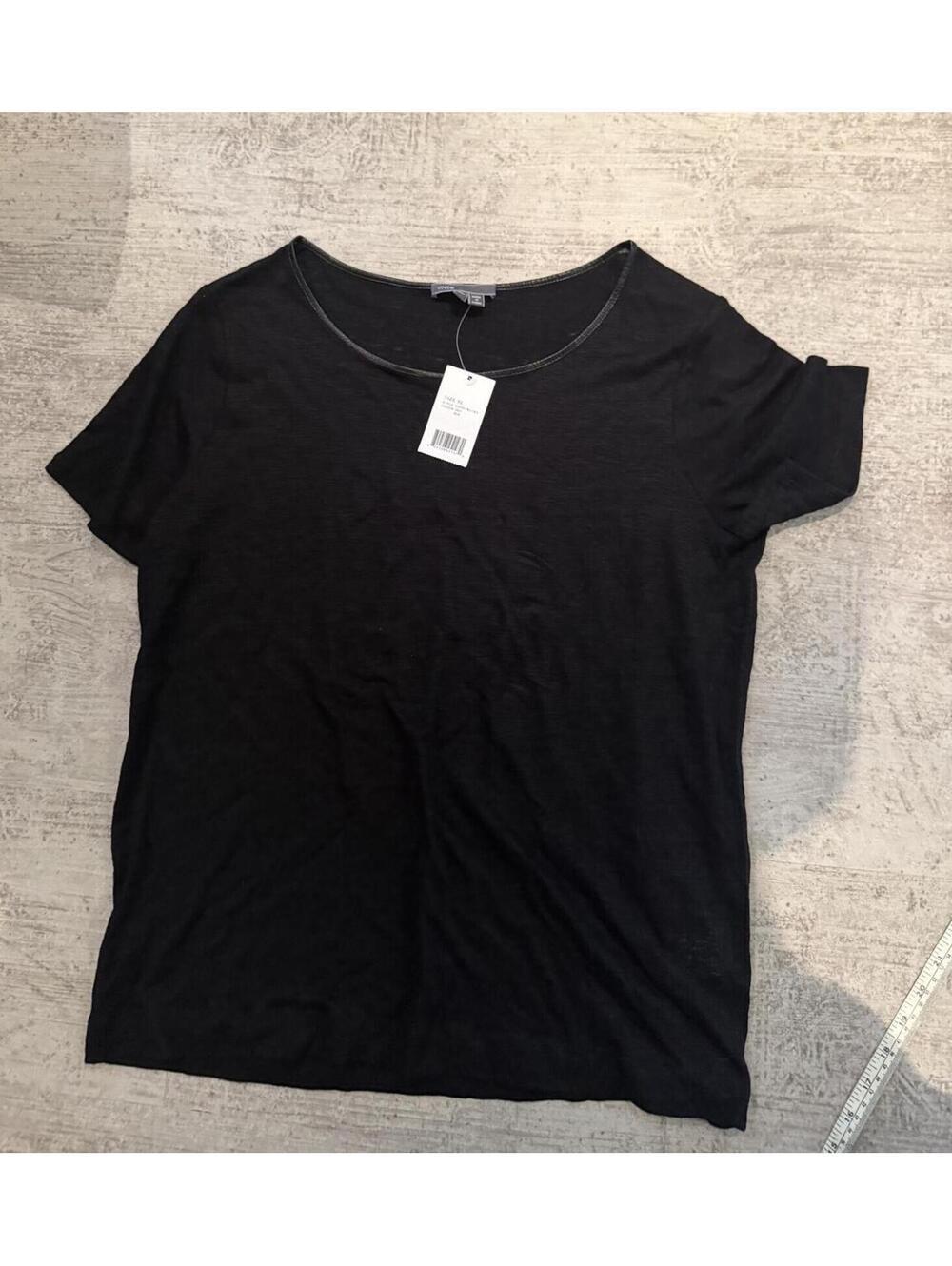 NWT Vince Black 100% Linen Short Sleeve Tee w Lambskin Leather Neckline XL